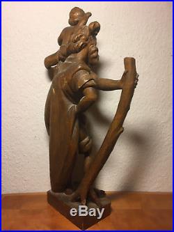 Fine antique vintage german wood carving Saint Christopher & Jesus Christ statue
