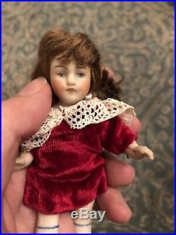 German All Bisque 4.25 Kestner Doll With Antique Red Velvet Dress Dollhouse