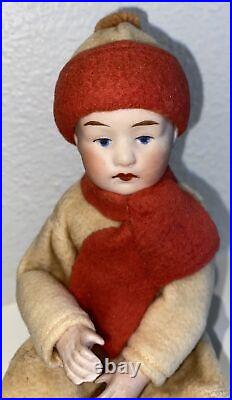 German Antique Christmas Heubach child cotton bisque Sledder