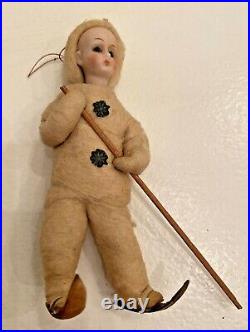 German Antique Christmas child cotton bisque Skier Snowshoes Ornament