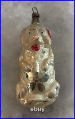German Antique Glass Pig with 4 Leaf Clover Vintage Christmas Ornament 1900's