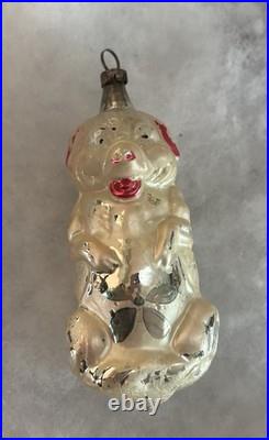 German Antique Glass Pig with 4 Leaf Clover Vintage Christmas Ornament 1900's