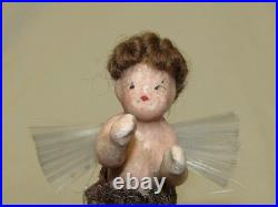 German Antique Wax Angel Spun Glass Wings Vintage Christmas Ornament 1900's