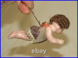 German Antique Wax Angel Spun Glass Wings Vintage Christmas Ornament 1900's