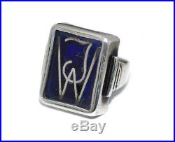German Art Deco Sterling Cobalt Enamel JW Monogram Signet Ring, Antique Mens Vtg