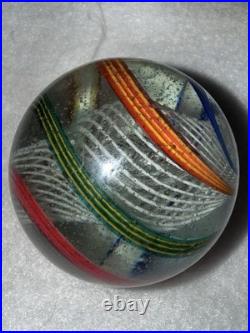 Gorgeous Antique German Handmade Latticino Core Swirl Marble 2 Liberty Colors