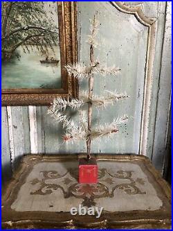 HTF Antique White German Goose Feather Christmas Tree With Red Base- 16 Tall