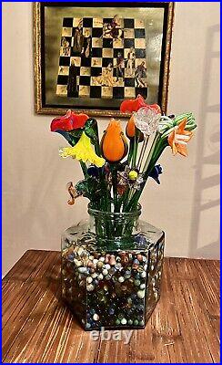 Handmade. Glass. German. Agate. Swirl. Onionskin. Antique Marbles. Vintage Glass Flower