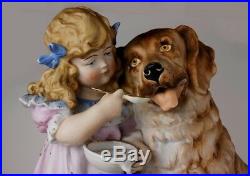 Heubach Ql LARGE Victorian Piano Baby Girl and St Bernard Dog bisque figurine