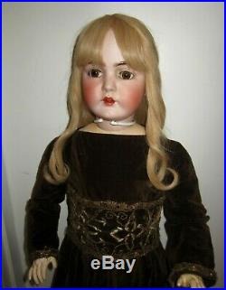 Huge Antique Bisque Doll 36 Simon & Halbig Human Hair Brown Velvet Santos Dress