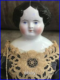 Large 28 Antique German China Head Doll Leather hands and boots Antique Clothes