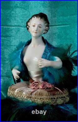 Large 7 Antique German Porcelain Volkstedt Rudolstadt Half Doll Pin Cushion