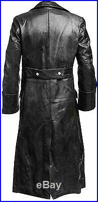 Mens Black German MIlitary WW2 Vintage Long Trench Coat Genuine Leather Jacket