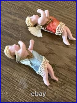 Mint Antique German Wax Cupid Cherub Pair Victorian Christmas Ornaments 4