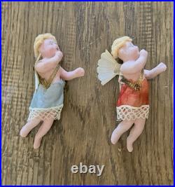Mint Antique German Wax Cupid Cherub Pair Victorian Christmas Ornaments 4