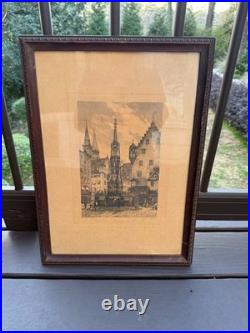 Original VTG Etching/Signed by M. Schone/ The Beautiful Fountain in Nuremberg