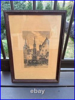 Original VTG Etching/Signed by M. Schone/ The Beautiful Fountain in Nuremberg