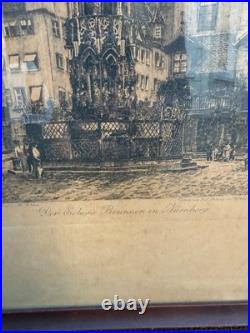 Original VTG Etching/Signed by M. Schone/ The Beautiful Fountain in Nuremberg