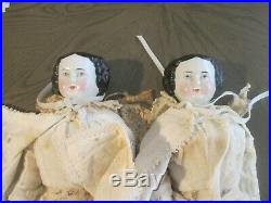 Pair Of Antique German 22 Inch China Flat Head Dolls In Full Dress