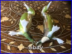 Pair Vintage Bimini German Glass Mercury Bird Figurines Green White 3 w Label