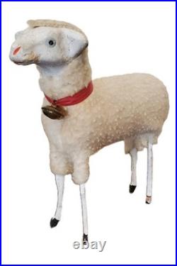 RARE Antique Lg GERMAN Wooly Putz Sheep CHRISTMAS Ribbon BELL 5 T VGC #1