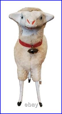 RARE Antique Lg GERMAN Wooly Putz Sheep CHRISTMAS Ribbon BELL 5 T VGC #1