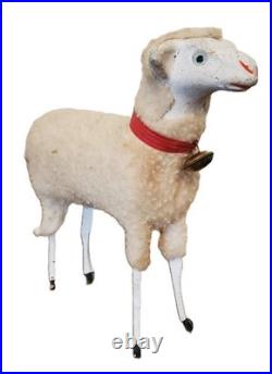 RARE Antique Lg GERMAN Wooly Putz Sheep CHRISTMAS Ribbon BELL 5 T VGC #1