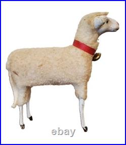 RARE Antique Lg GERMAN Wooly Putz Sheep CHRISTMAS Ribbon BELL 5 T VGC #1