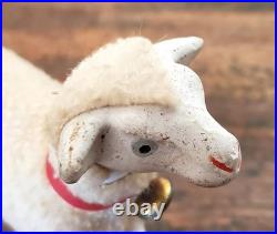 RARE Antique Lg GERMAN Wooly Putz Sheep CHRISTMAS Ribbon BELL 5 T VGC #1