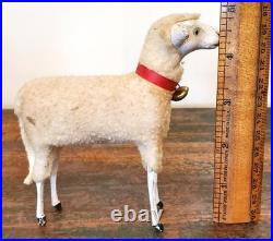 RARE Antique Lg GERMAN Wooly Putz Sheep CHRISTMAS Ribbon BELL 5 T VGC #1