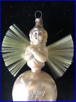 RARE Antique Vintage German Angel On Ball With Green Spun Glass Wings