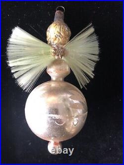 RARE Antique Vintage German Angel On Ball With Green Spun Glass Wings