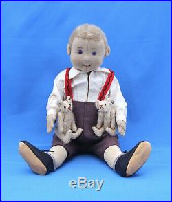 RARE GERMAN STEIFF DOLL WITH HIS TWO MINI STEIFF BEARS c1910! EXCELLENT