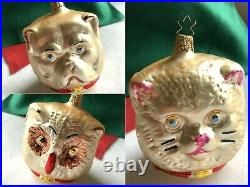 RARE Vintage GERMAN 3 Face CHRISTMAS ORNAMENT Glass INGE GLAS Triple CAT DOG OWL