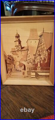 RARE Vintage German Inlaid Marquetry Wood Marcus Tower & Neuschwanstein Castle RARE Vintage German Inlaid Marquetry Wood Marcus Tower & Neuschwanstein Castle