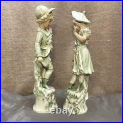 RARE Vtg German Bisque Porcelain Pastoral Boy & Girl Pair 1800s FREE US Shipping