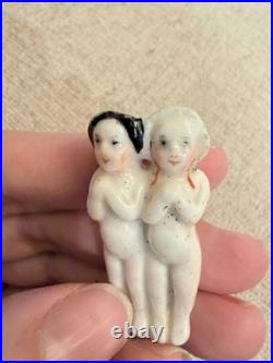 Rare 1.75 Antique German Frozen Charlotte Twin China Doll w Bonnet c1850-1870