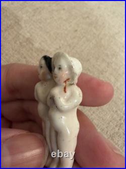 Rare 1.75 Antique German Frozen Charlotte Twin China Doll w Bonnet c1850-1870