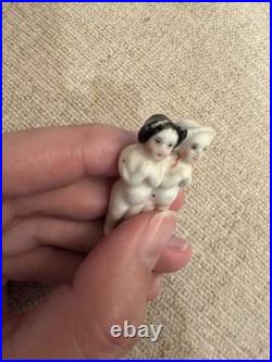 Rare 1.75 Antique German Frozen Charlotte Twin China Doll w Bonnet c1850-1870