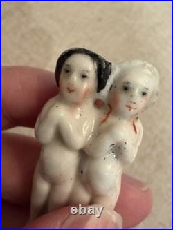 Rare 1.75 Antique German Frozen Charlotte Twin China Doll w Bonnet c1850-1870