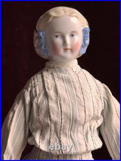 Rare Antique German 17.5 Molded Snood Blue Bows China Shoulder Head Doll