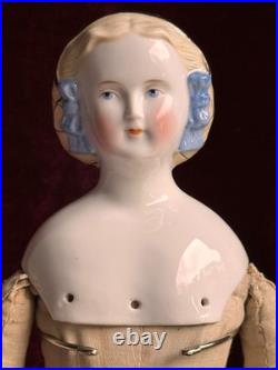 Rare Antique German 17.5 Molded Snood Blue Bows China Shoulder Head Doll