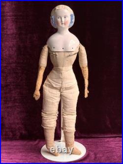 Rare Antique German 17.5 Molded Snood Blue Bows China Shoulder Head Doll