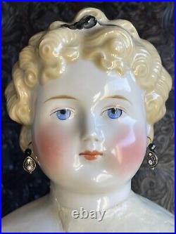 Rare Antique German 25 Dolly Madison Blonde China Head Doll Pierced Ears