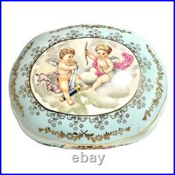 Rare Antique German Kalk Porcelain Jewelry Box Angels Gold Handpainted 1900s