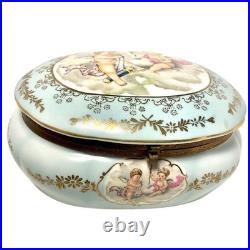 Rare Antique German Kalk Porcelain Jewelry Box Angels Gold Handpainted 1900s