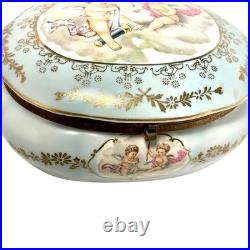 Rare Antique German Kalk Porcelain Jewelry Box Angels Gold Handpainted 1900s
