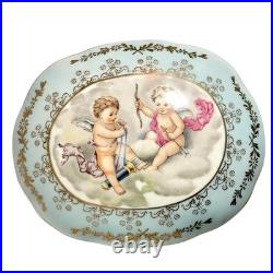 Rare Antique German Kalk Porcelain Jewelry Box Angels Gold Handpainted 1900s
