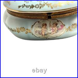 Rare Antique German Kalk Porcelain Jewelry Box Angels Gold Handpainted 1900s