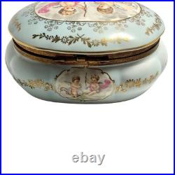 Rare Antique German Kalk Porcelain Jewelry Box Angels Gold Handpainted 1900s